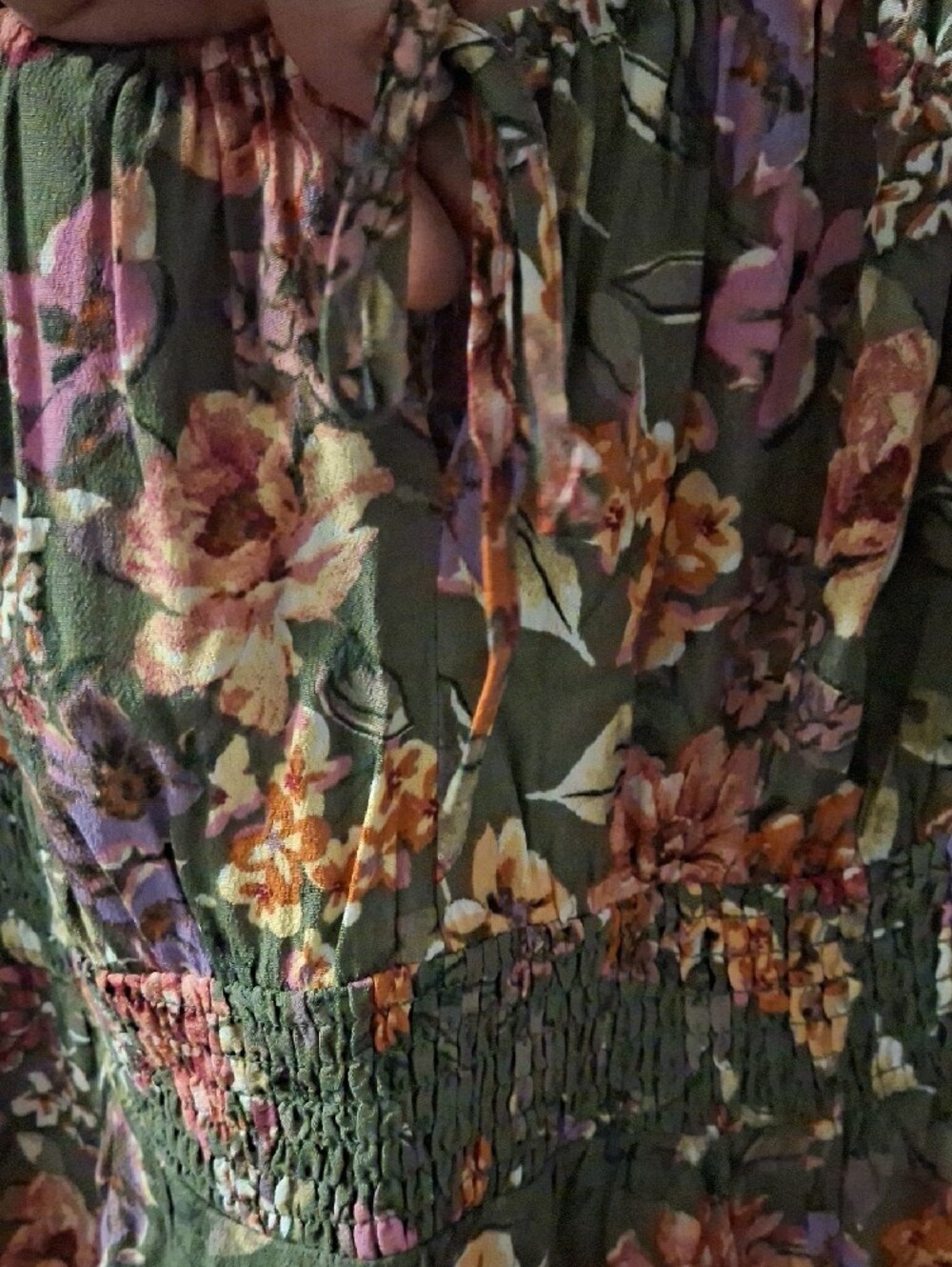 Addition Elle Olive Green Floral Midi Dress with Smocked Waist - Picture 6 of 9